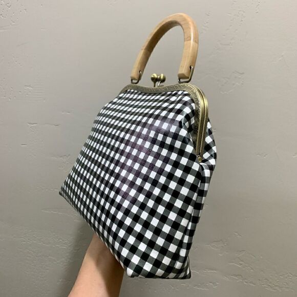 Handmade Genuine Leather Black & White Check Printed Wood Handle Satchel Bag - Picture 11 of 15